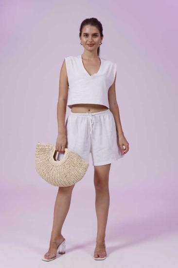 Kadın Beyaz Natural Flamlı Şort Pantolon Bluz 3’lü Takım | MSC267