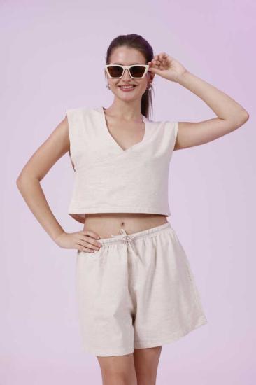 Kadın Krem Natural Flamlı Şort Pantolon Bluz 3’lü Takım | MSC267-Krem