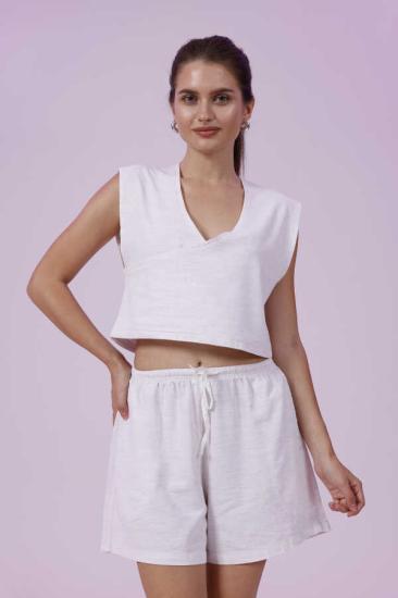 Kadın Beyaz Natural Flamlı Şort Pantolon Bluz 3’lü Takım | MSC267