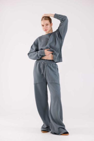 Kadın Soft Gri-Mavi Bisiklet Yaka Sweatshirt Eşofman Takımı | MSC2601