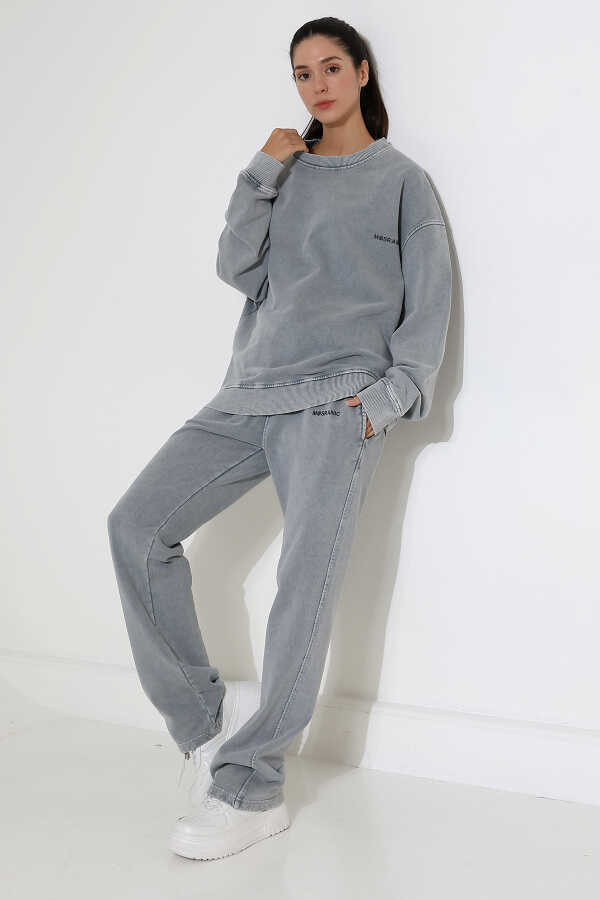 Kadın Soft Açık gri Bisiklet Yaka Sweatshirt Eşofman Takımı | MSC317-Açık gri