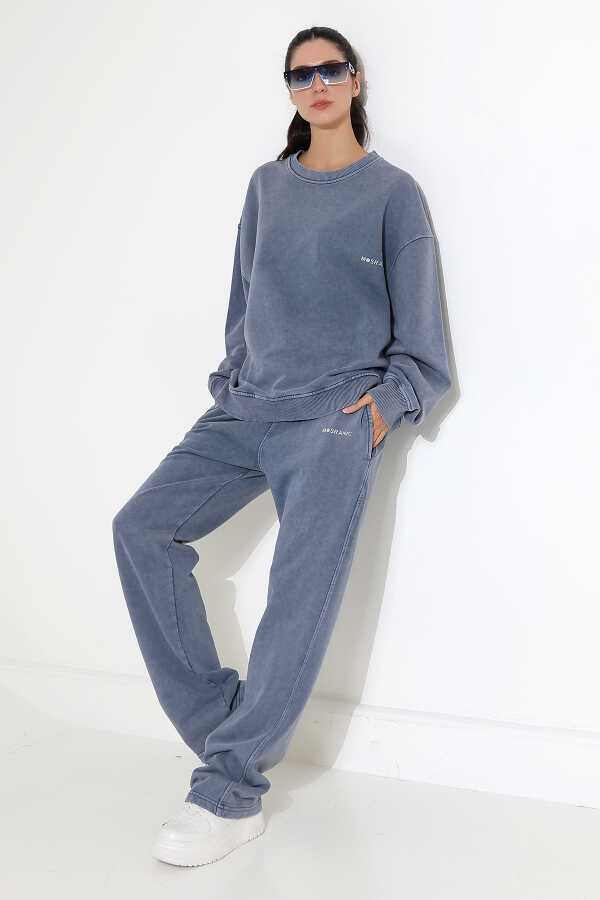 Kadın Soft İndigo Bisiklet Yaka Sweatshirt Eşofman Takımı | MSC317-İndigo