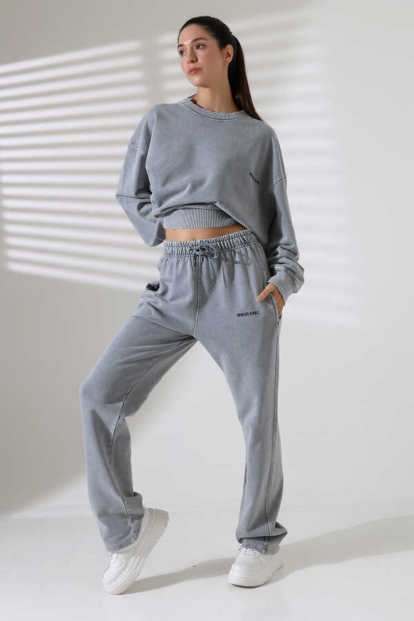 Kadın Soft Açık gri Bisiklet Yaka Sweatshirt Eşofman Takımı | MSC317-Açık gri