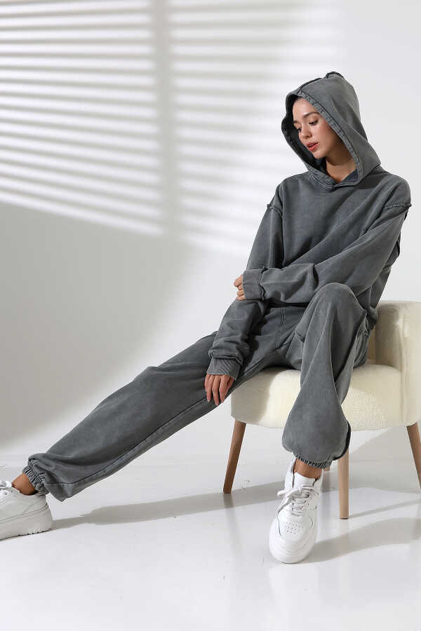Kadın Koyu Gri Kapüşonlu Sweatshirt Eşofman Takımı | MSC313