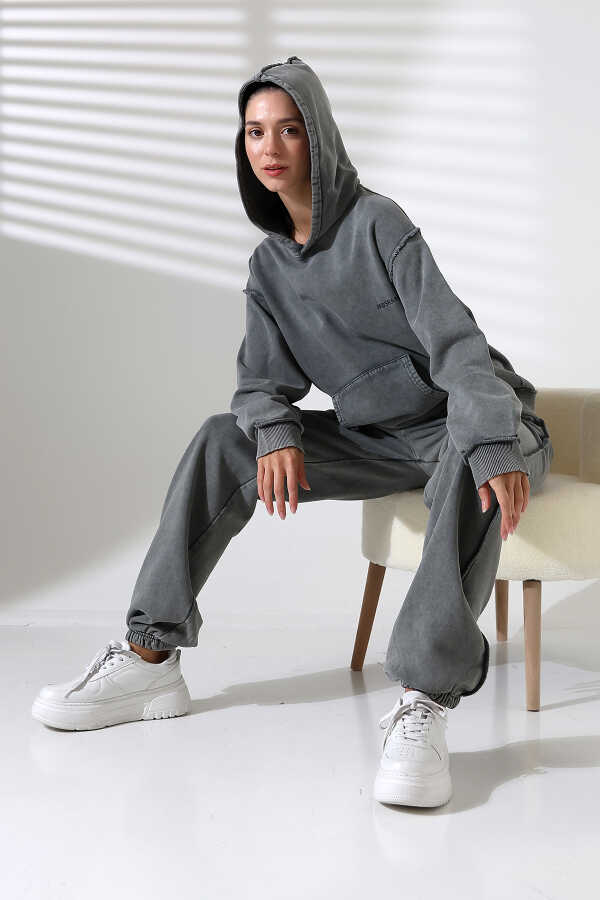 Kadın Koyu Gri Kapüşonlu Sweatshirt Eşofman Takımı | MSC313
