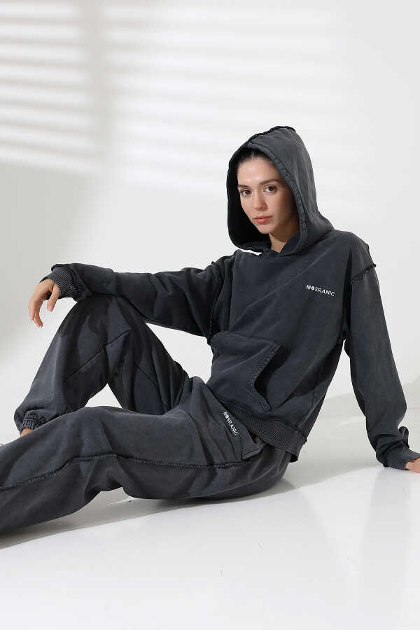 Kadın Siyah Kapüşonlu Sweatshirt Eşofman Takımı | MSC313-Siyah