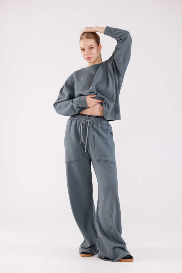 Kadın Soft Gri-Mavi Bisiklet Yaka Sweatshirt Eşofman Takımı | MSC2601