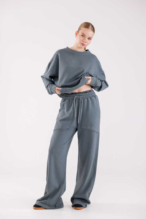 Kadın Soft Gri-Mavi Bisiklet Yaka Sweatshirt Eşofman Takımı | MSC2601