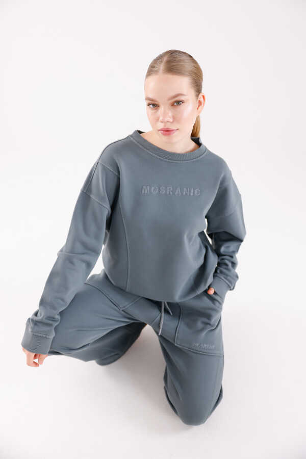 Kadın Soft Gri-Mavi Bisiklet Yaka Sweatshirt Eşofman Takımı | MSC2601