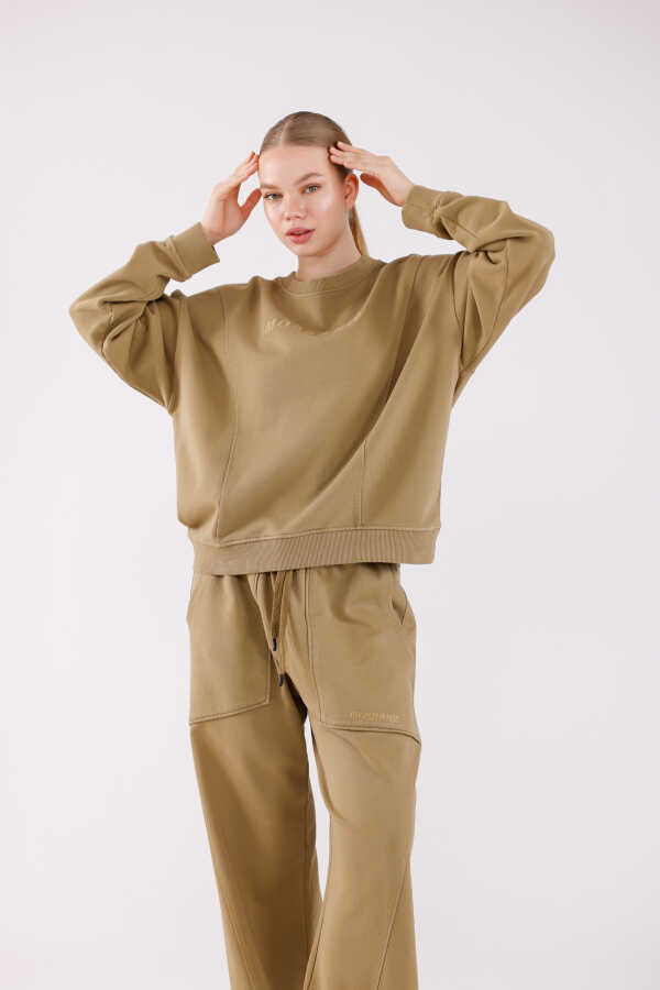 Kadın Kahverengi Bisiklet Yaka Sweatshirt Eşofman Takımı | MSC2601-Kahve