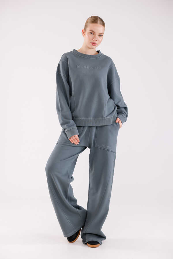Kadın Soft Gri-Mavi Bisiklet Yaka Sweatshirt Eşofman Takımı | MSC2601